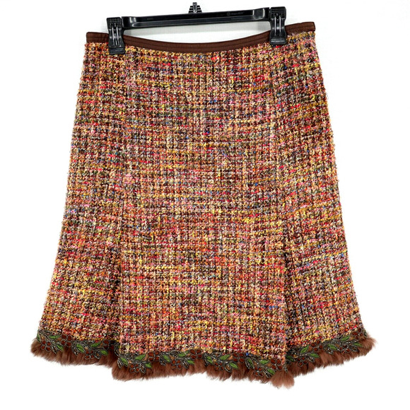 Cynthia Steffe Skirt Womens 8 Brown Gold Tweed Fringe Hem Lined Mohair Alpaca - Picture 1 of 15